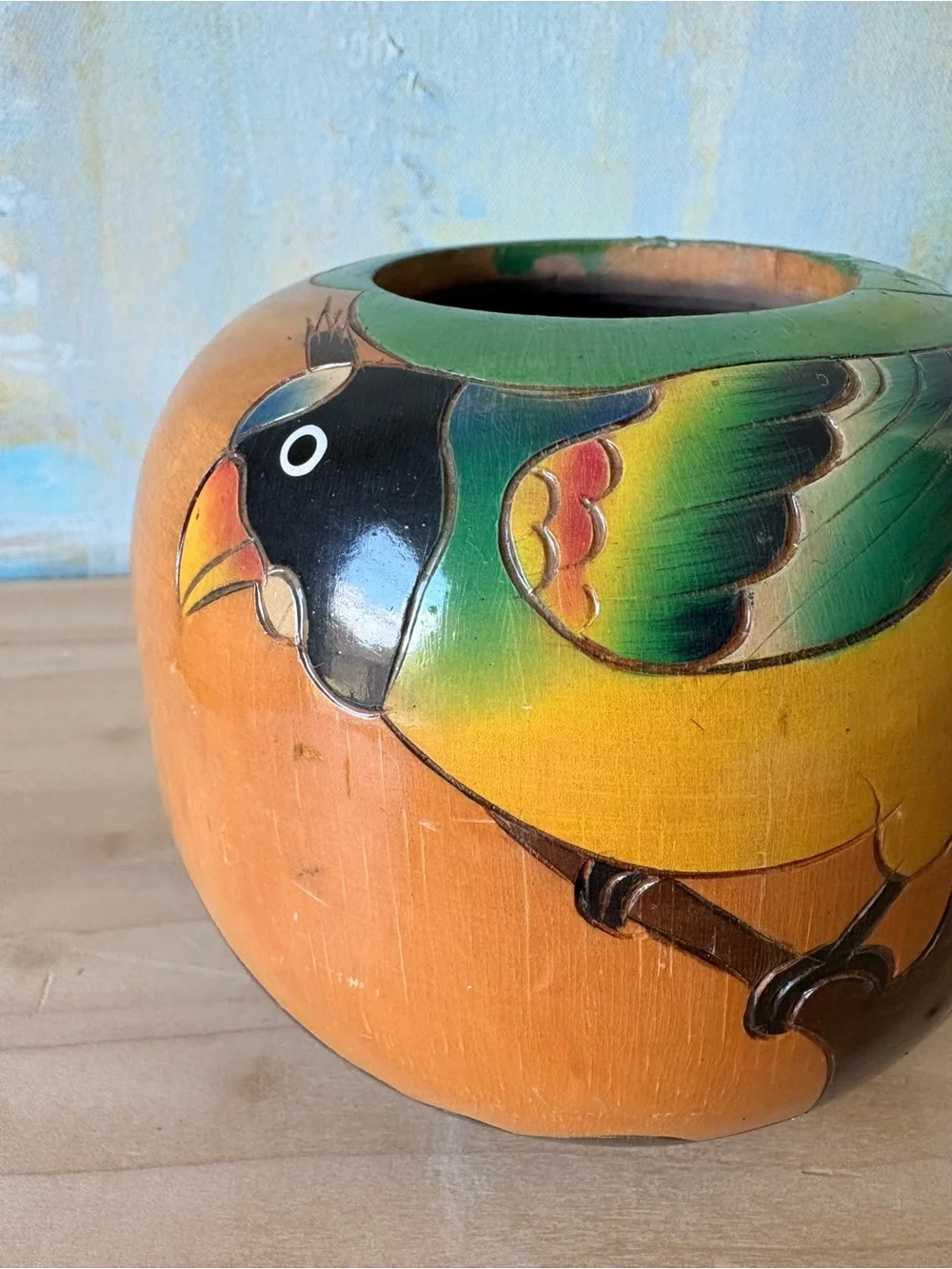 Vintage Latin American Hand-Carved Wooden Vase with Bird and Mountain Motif